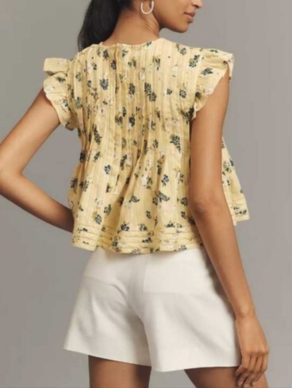 Pilcro Pale Yellow Floral Pleated Ruffle Sleeve Top